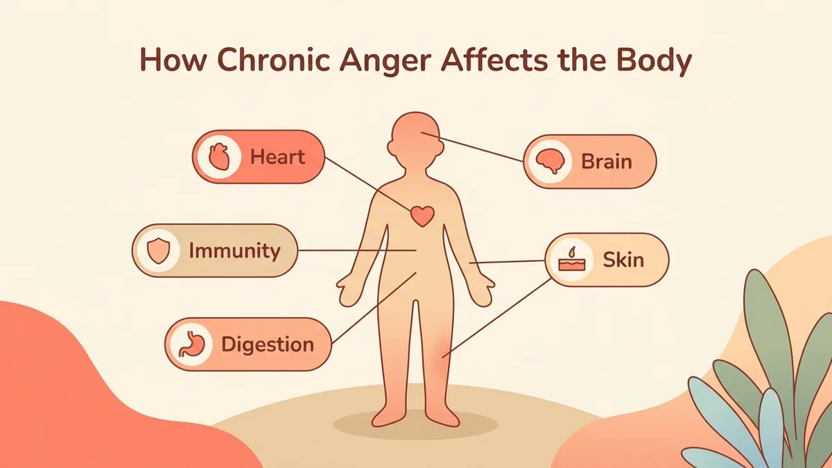 Infographic of the effects of chronic anger on five body systems with key statistics and icons for each category