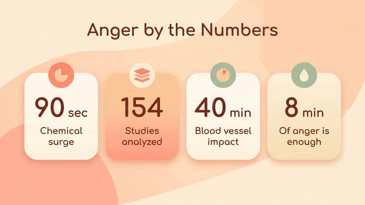 Infographic of key anger statistics: a 90-second chemical surge, 154 studies analyzed, 40 minutes of vascular impact, a few weeks for lasting results