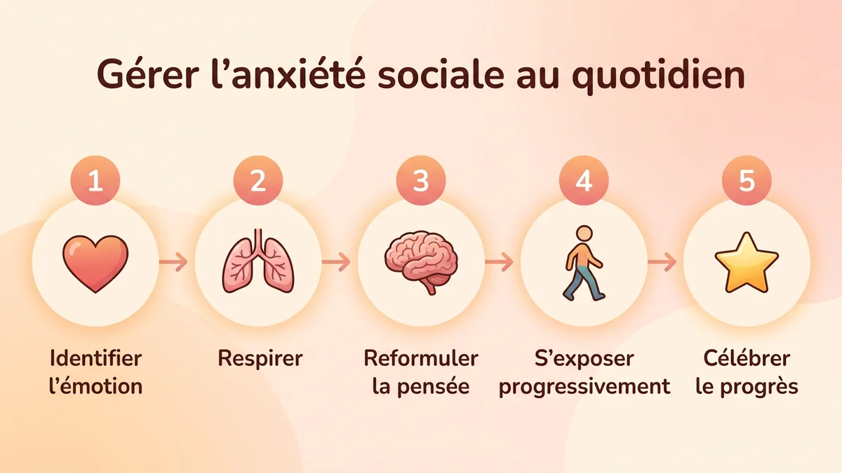 Schéma du processus étape par étape pour gérer l'anxiété sociale au quotidien : identifier l'émotion, pratiquer la respiration, s'exposer progressivement, célébrer les progrès