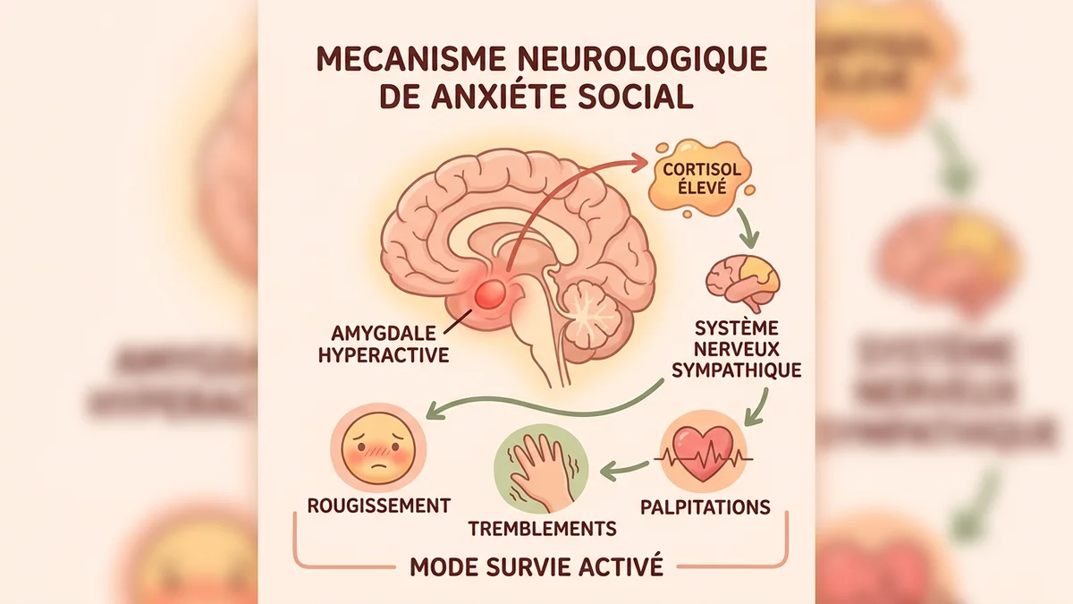 Infographie du mécanisme neurologique de l'anxiété sociale : schéma visuel montrant l'amygdale hyperactive, le cortisol élevé et le système nerveux sympathique en alerte lors d'une interaction sociale