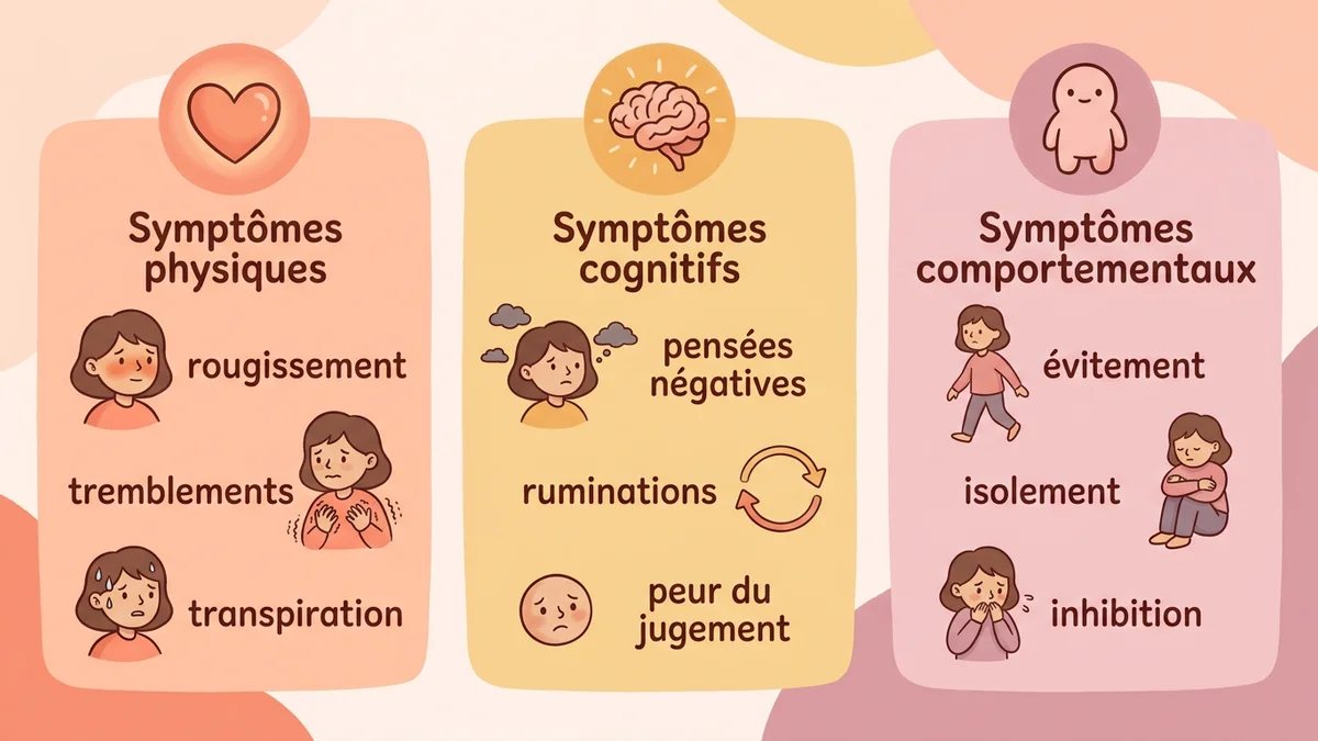 Infographie des trois dimensions de l'anxiété sociale : symptômes physiques, cognitifs et comportementaux avec icônes visuelles et exemples concrets pour chaque catégorie