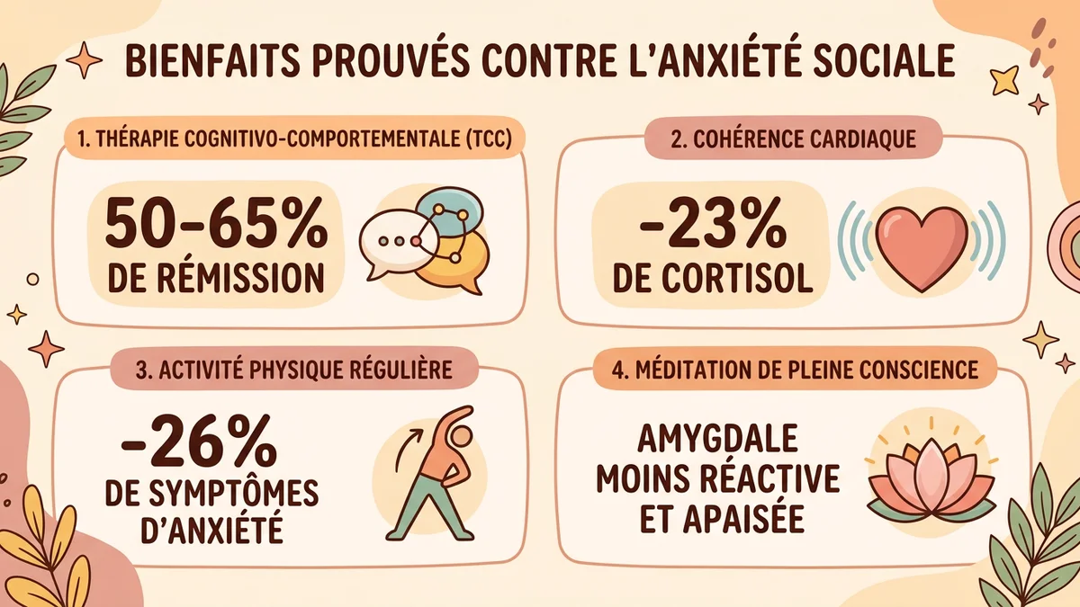 Infographie des bienfaits prouvés des techniques anti-anxiété sociale : TCC rémission 50-65%, cohérence cardiaque cortisol -23%, activité physique symptômes -26%, méditation pleine conscience réduction activité amygdale