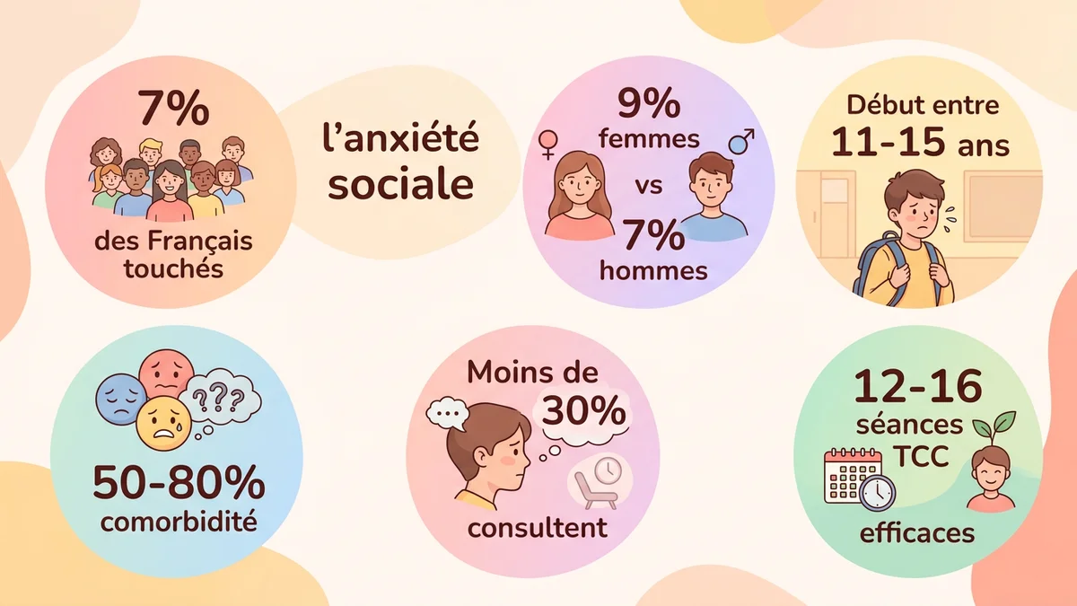 Infographie des statistiques clés sur l'anxiété sociale : prévalence 7% en France, début entre 11-15 ans, comorbidité 50-80%, efficacité TCC 50-65% de rémission
