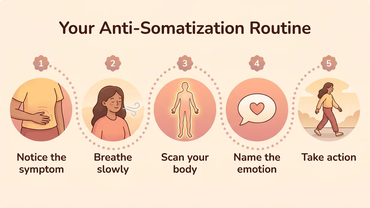 Step-by-step infographic of the anti-somatization protocol: 1. Identify the symptom, 2. Breathe with cardiac coherence, 3. Scan your body, 4. Name the emotion, 5. Take action