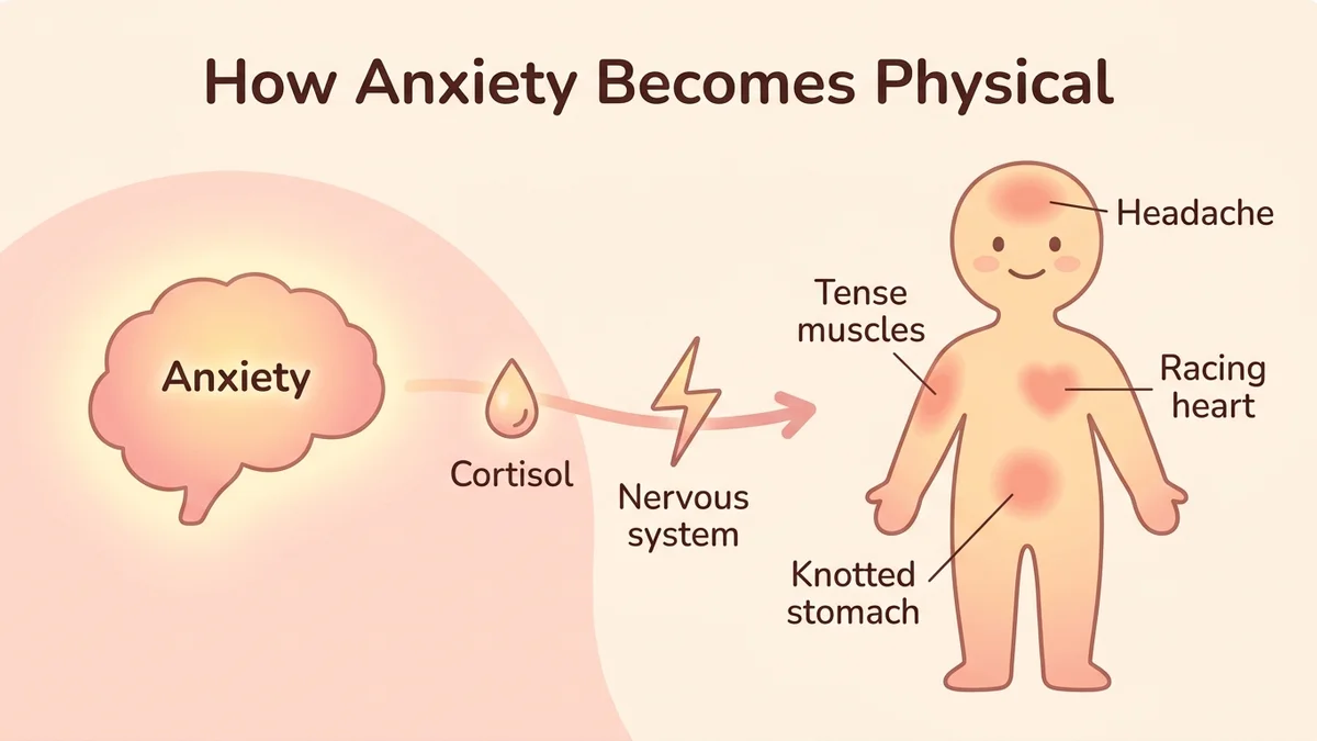 Infographic of the somatization mechanism: the link between the autonomic nervous system, cortisol and the physical symptoms of anxiety