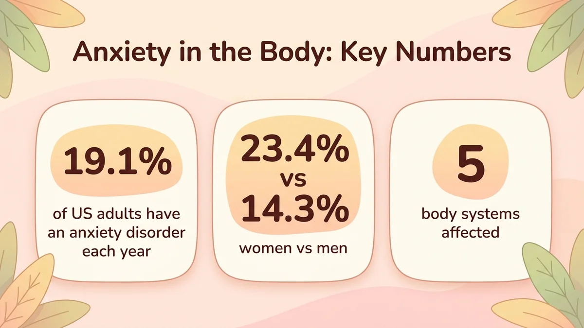 Infographic of key somatization statistics: 19.1% of US adults have an anxiety disorder each year, women more affected, 5 body systems impacted