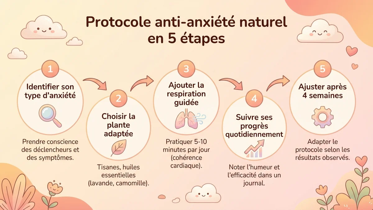 Infographie étape par étape du protocole anti-anxiété naturel : étape 1 Identifier son type d'anxiété, étape 2 Choisir la plante adaptée, étape 3 Ajouter la respiration guidée Serena, étape 4 Suivre ses progrès quotidiennement, étape 5 Ajuster après 4 semaines