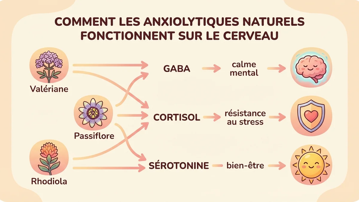 Infographie du fonctionnement des anxiolytiques naturels sur le cerveau : trois voies d'action — GABA (calme mental), cortisol (résistance au stress) et sérotonine (bien-être) — avec icônes de plantes et flèches vers le système nerveux