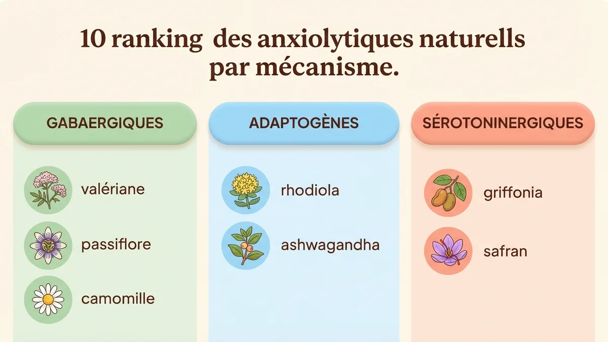 Infographie des 10 anxiolytiques naturels classés par mécanisme d'action : plantes GABAergiques (valériane, passiflore, camomille), adaptogènes (rhodiola, ashwagandha), sérotoninergiques (griffonia, safran) et complémentaires (magnésium, mélisse, aubépine)