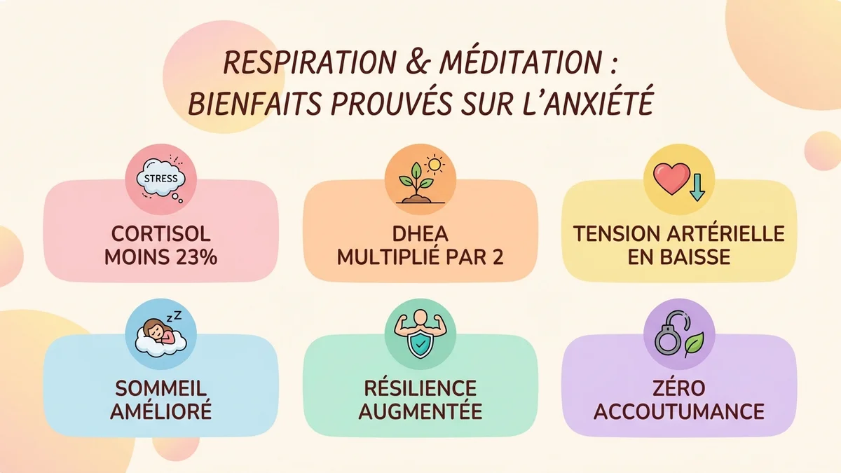 Infographie des bienfaits prouvés de la respiration et de la méditation sur l'anxiété : cortisol -23 %, DHEA ×2, tension artérielle en baisse, qualité de sommeil améliorée, résilience au stress augmentée, avec pourcentages et icônes par catégorie