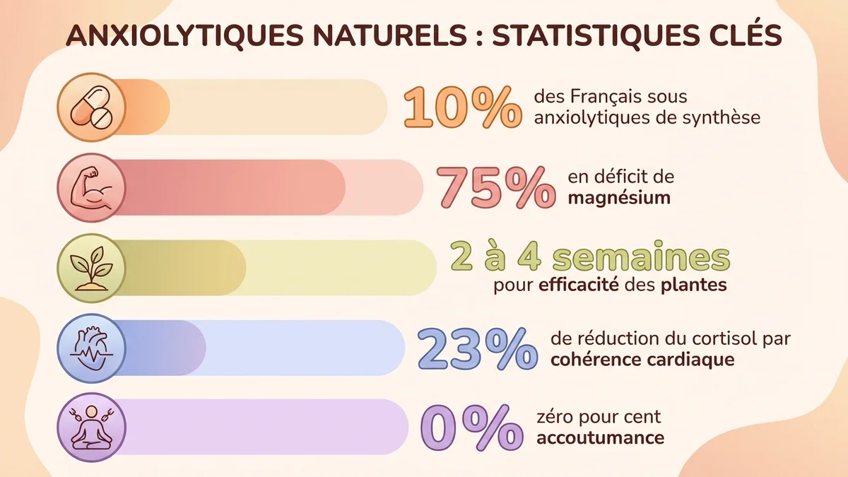 Infographie récapitulative des statistiques clés sur les anxiolytiques naturels : 10 % des Français sous anxiolytiques de synthèse, 75 % en déficit de magnésium, 2-4 semaines pour l'efficacité des plantes, 23 % de réduction du cortisol par la cohérence cardiaque, 0 % de risque d'accoutumance