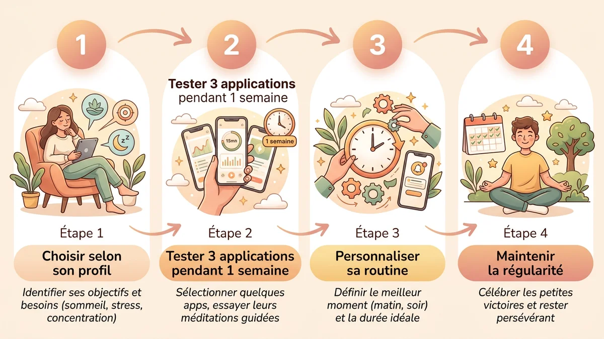 Schéma du processus en 4 étapes pour intégrer une application de méditation dans sa routine quotidienne : choisir, tester, personnaliser, maintenir