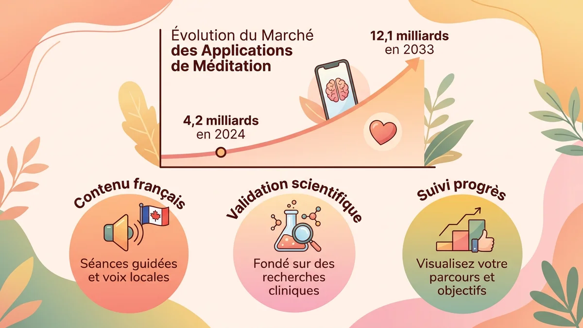 Infographie montrant l'évolution du marché des applications de méditation : 4,2 milliards de dollars en 2024 vers 12,1 milliards en 2033, avec les critères clés pour bien choisir son application