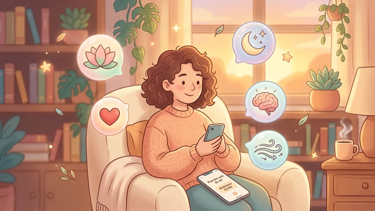 Personne assise confortablement dans un fauteuil avec un smartphone, entourée de bulles flottantes représentant les fonctionnalités clés d'une application de bien-être : lotus, cœur, lune, cerveau et ondes de respiration