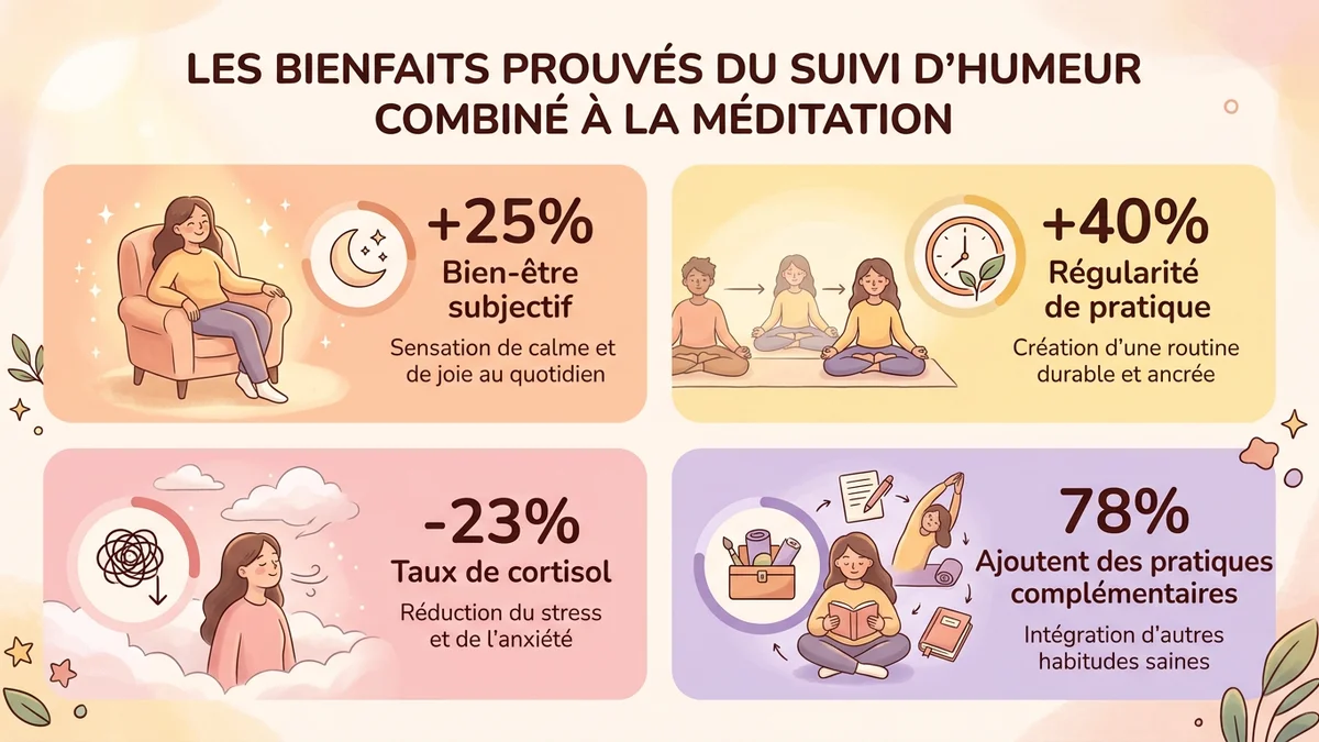 Infographie montrant les bienfaits prouvés du suivi d'humeur combiné à la méditation : réduction du stress, meilleure régularité de pratique et amélioration du bien-être mesuré