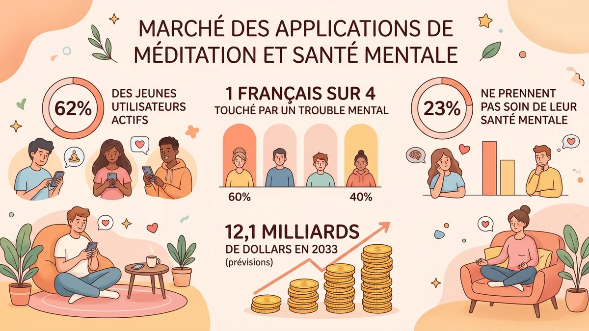 Infographie présentant les statistiques du marché des applications de méditation en 2026 : 12,1 milliards de dollars projetés, 62 % des jeunes utilisateurs actifs, et croissance de 12,9 % annuelle