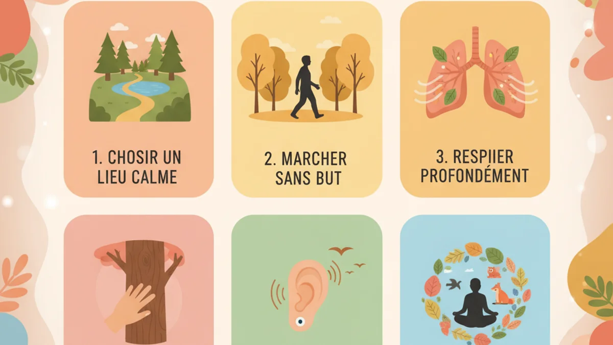 Infographie montrant les étapes du bain de forêt sous forme de parcours visuel : arrivée, marche lente, pause sensorielle, assise méditative et retour, avec durée et activité pour chaque étape