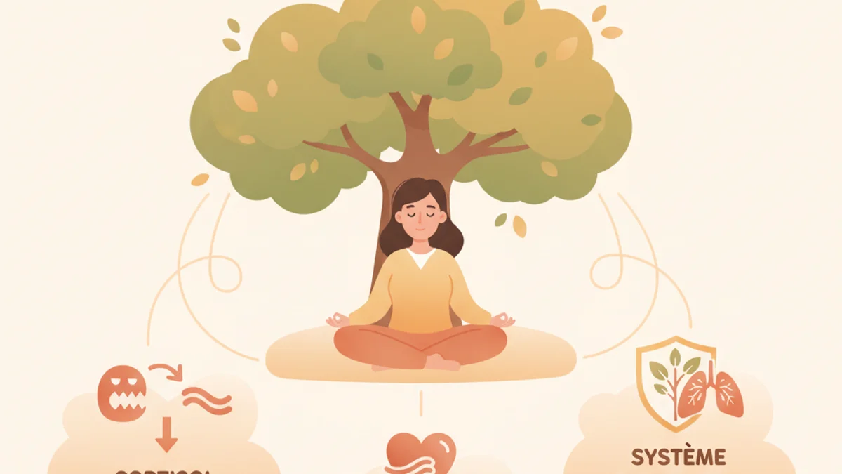 Infographie expliquant les cinq sens mobilisés pendant un bain de forêt : la vue sur les nuances de vert, l'ouïe des chants d'oiseaux, l'odorat des phytoncides, le toucher de l'écorce et le goût de l'air frais