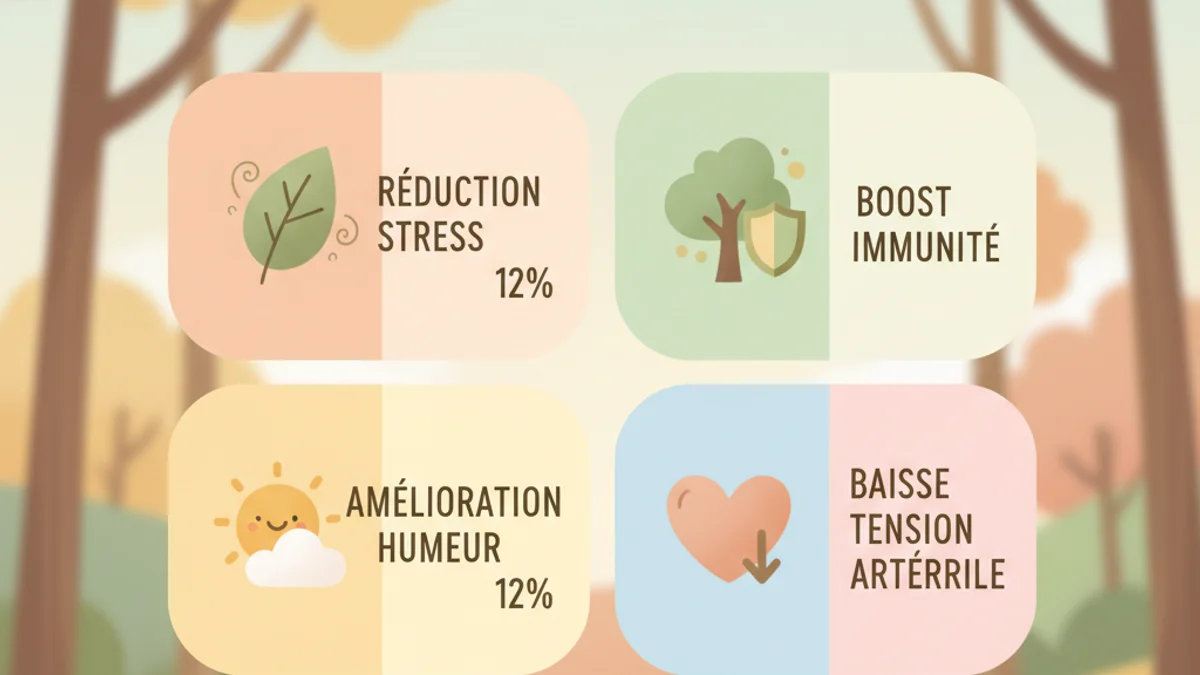 Infographie présentant les sept bienfaits du bain de forêt avec des données chiffrées : cortisol moins 12 pour cent, cellules NK plus 50 pour cent, pression artérielle en baisse, humeur améliorée, concentration augmentée, sommeil de qualité, anxiété réduite