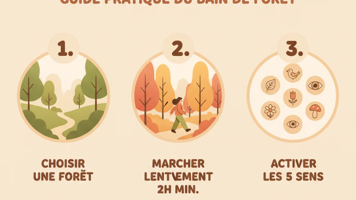 Schéma montrant le parcours complémentaire entre bain de forêt en extérieur et pratique quotidienne avec Serena : respiration guidée, journal de gratitude et suivi d'humeur
