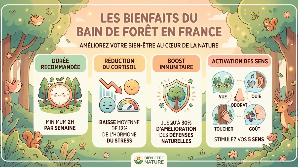 Infographie résumant les statistiques clés des bienfaits du bain de forêt : pourcentages de réduction du cortisol, augmentation des cellules NK, amélioration du sommeil et baisse de la rumination mentale
