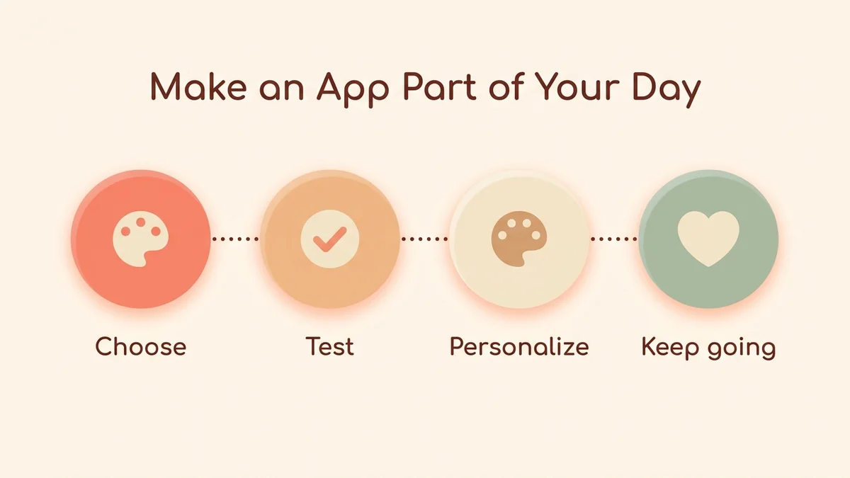 Process diagram of the 4 steps to build a meditation app into your daily routine: choose, test, personalize, maintain