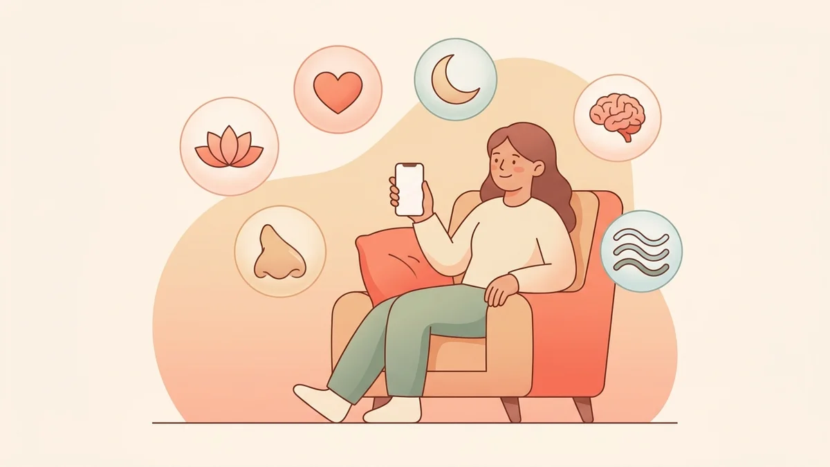Person sitting comfortably in an armchair with a smartphone, surrounded by floating bubbles representing the key features of a wellbeing app: lotus, heart, moon, brain and breathing waves