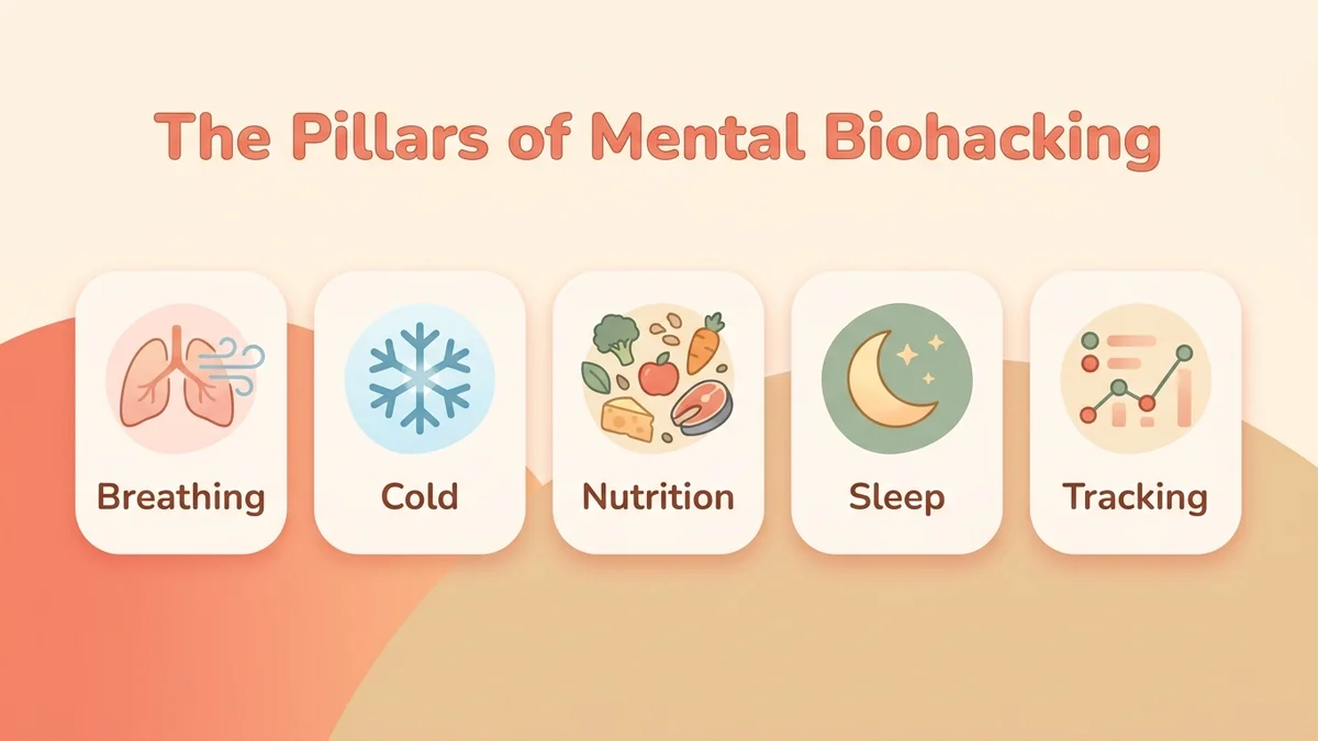 Infographic of mental biohacking: diagram showing the core pillars (breathing, cold, nutrition, sleep, tracking) with icons