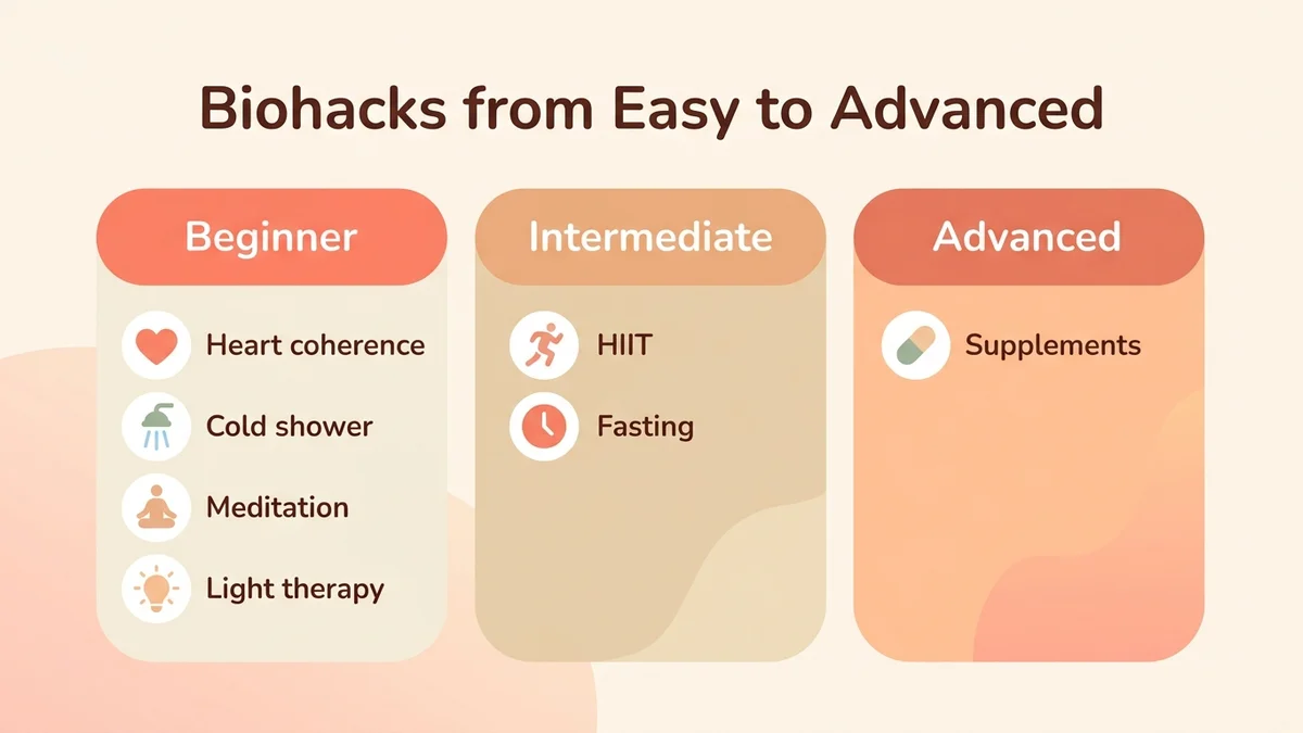 Comparative infographic of 7 mental biohacking techniques with difficulty levels, costs and time to results in pastel colors