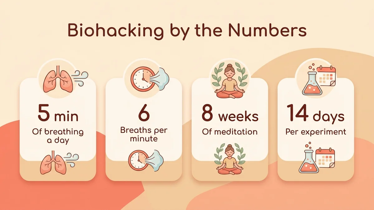 Infographic of key mental biohacking statistics: 5 minutes of breathing, 6 breaths per minute, 8 weeks of meditation, 2 weeks per experiment