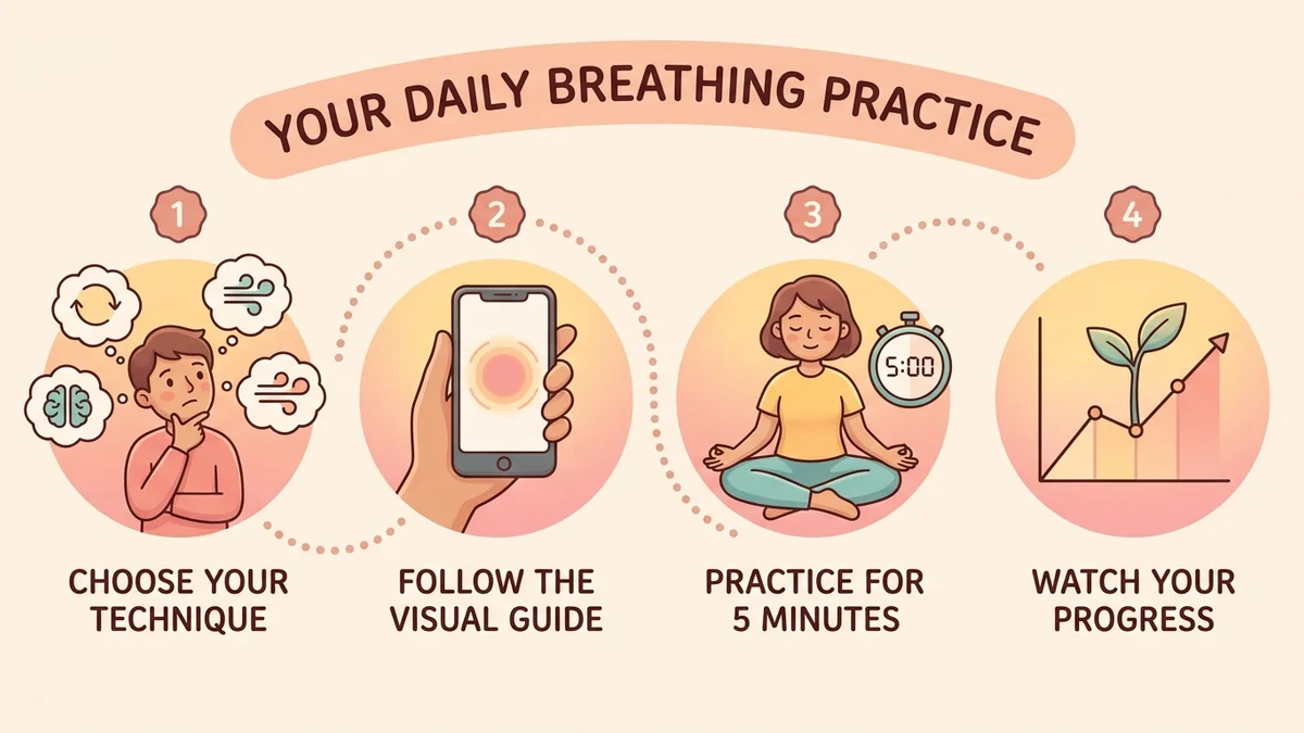 Diagram of the 4-step process: choose your technique, follow the visual guide, practice for 5 minutes, watch your progress over time