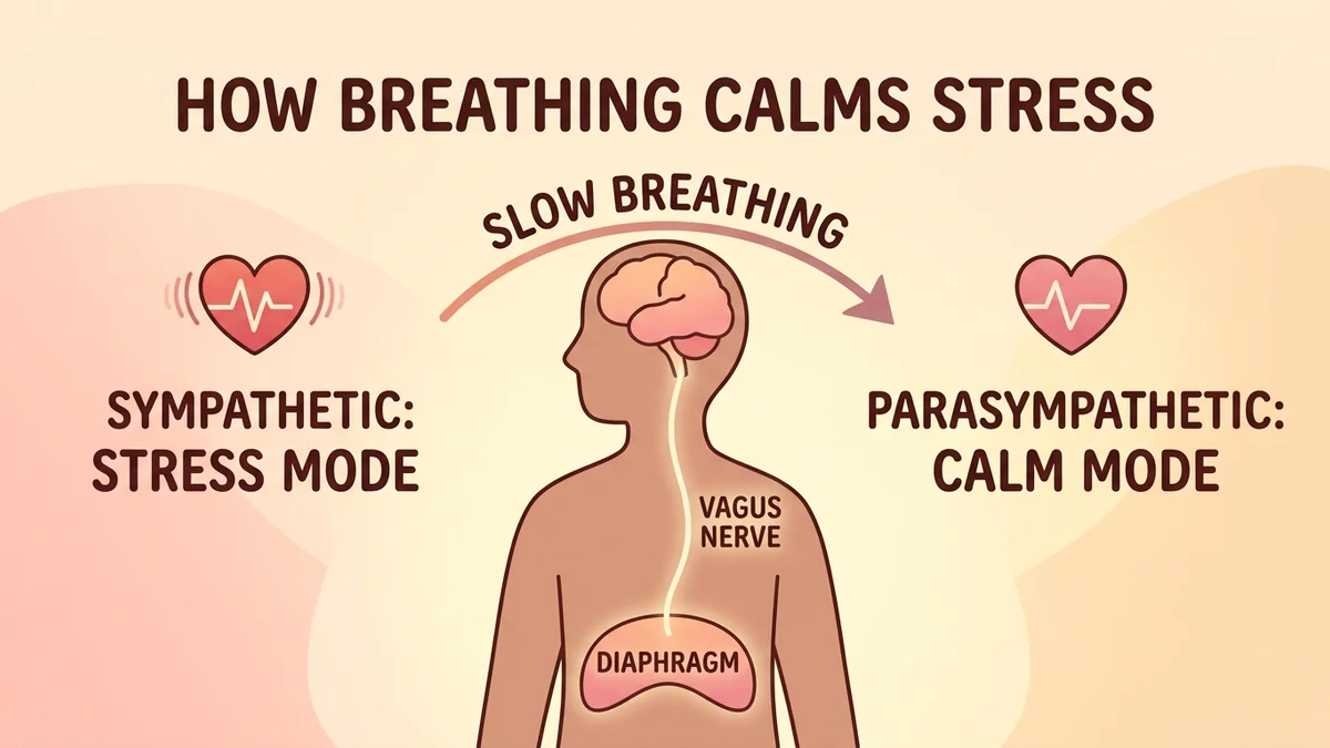 Infographic of how stress-relief breathing works: a diagram of the autonomic nervous system with the vagus nerve connecting the brain to the diaphragm, showing the shift from sympathetic to parasympathetic mode