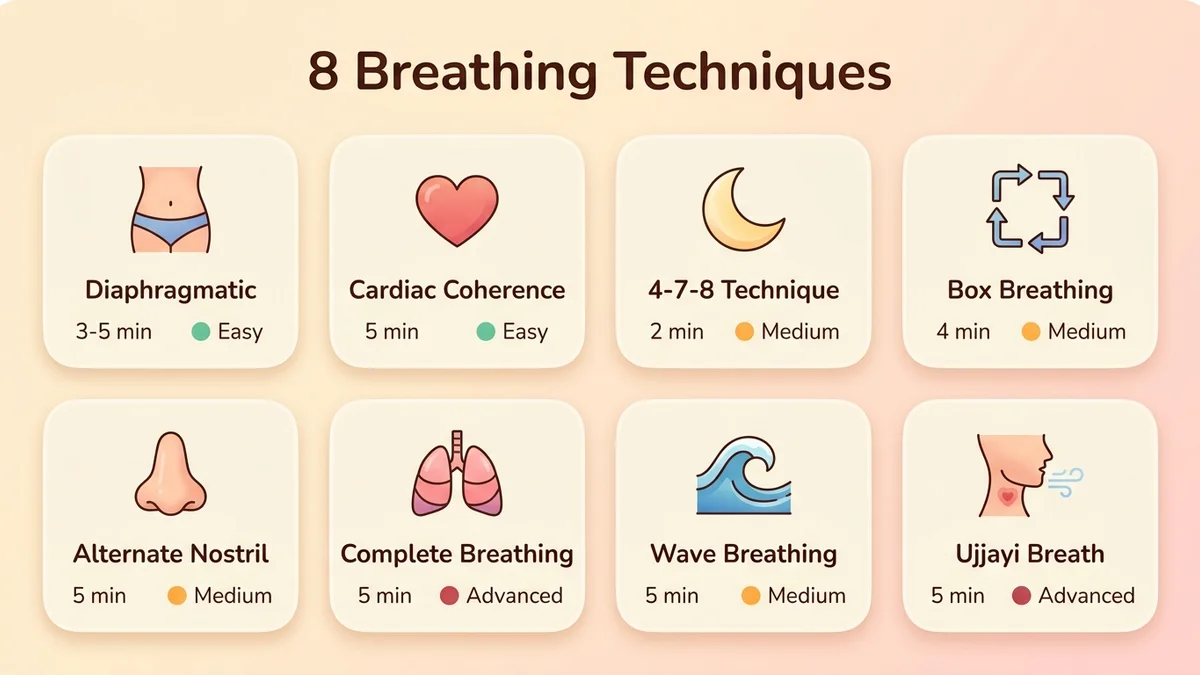 Infographic of the 8 breathing techniques with icons, durations and difficulty levels in pastel colors