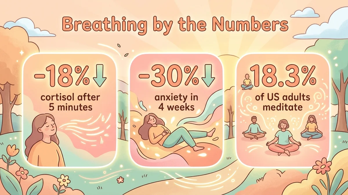 Infographic of key statistics: cortisol down 18% after 5 minutes, anxiety down 30% in 4 weeks, 18.3% of US adults now meditate