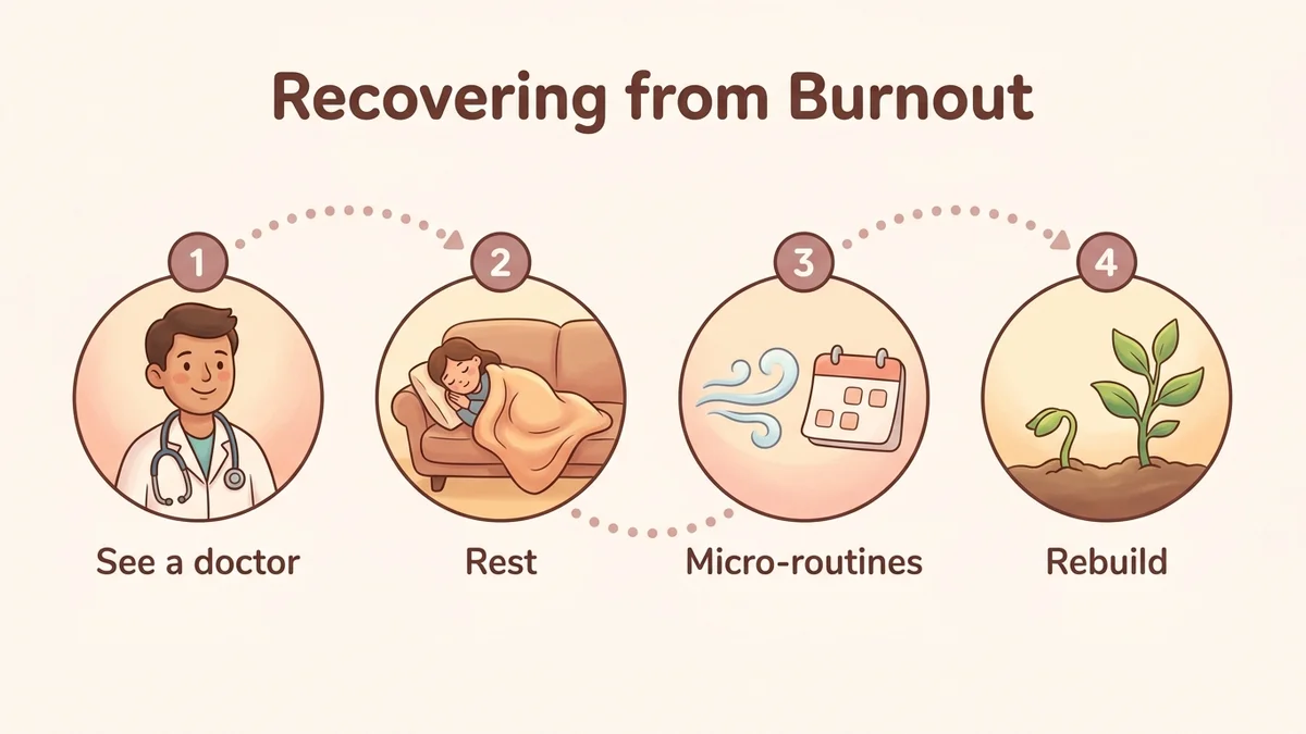 Infographic of the burnout recovery process: 4 key steps (see a doctor, rest, micro-routines, rebuild) with estimated durations and tools for each phase