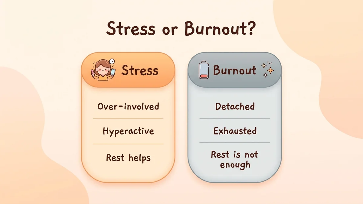 Comparison infographic of stress vs. burnout: two columns with icons showing the progression from normal stress to job burnout, warning thresholds and the point of no return