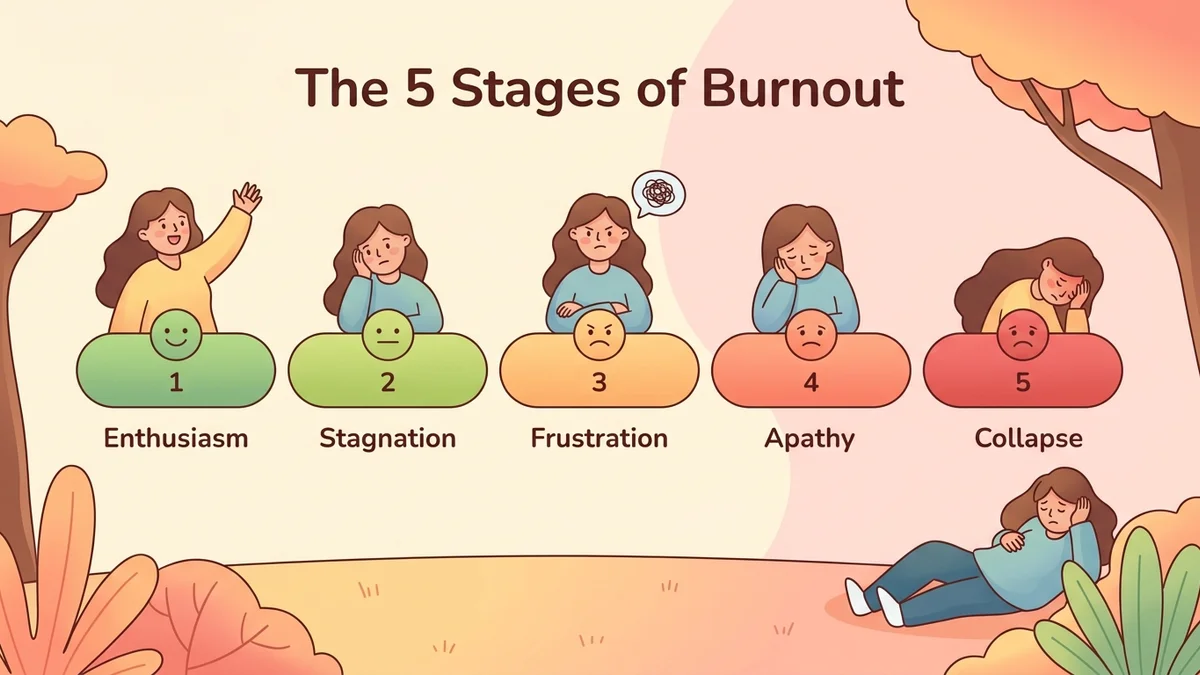 Infographic of the 5 stages of burnout: a timeline with progression markers, colors from green (stage 1) to red (stage 5), and emotional state icons at each step