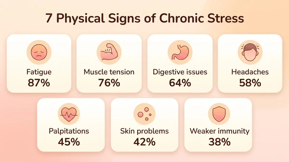 Infographic of the 7 physical signs of chronic stress with visual icons for each symptom and frequency percentages