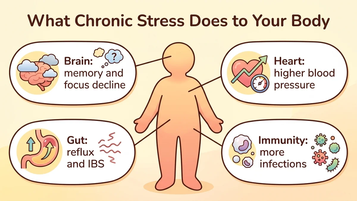 Infographic of the effects of chronic stress on the body's systems: brain, heart, digestive system, immunity, with key statistics