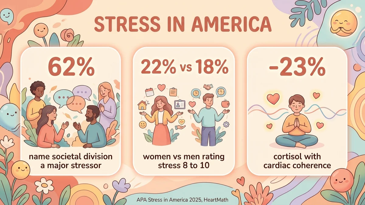 Infographic of key chronic stress statistics in the US: 62% of adults cite societal division as a major stressor, 22% of women rate their stress 8-10, 23% cortisol reduction through cardiac coherence
