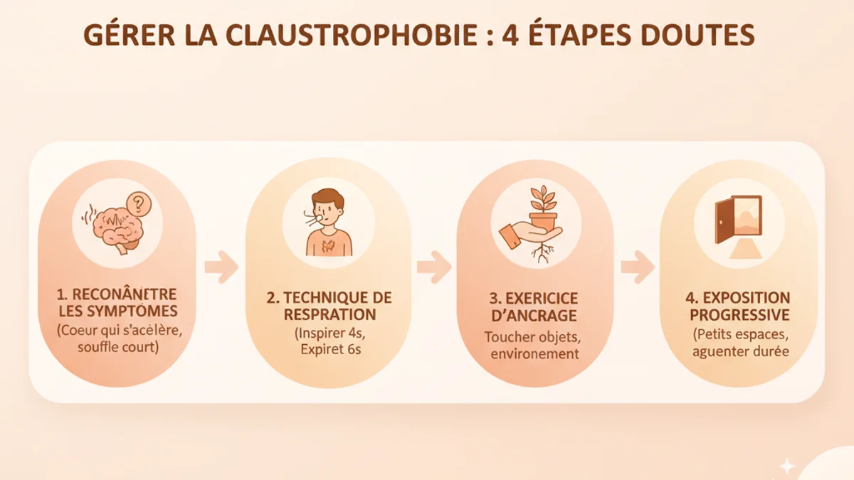 Schéma du processus étape par étape pour gérer la claustrophobie au quotidien avec Serena : identifier le déclencheur, pratiquer la respiration préventive, affronter progressivement, célébrer les progrès