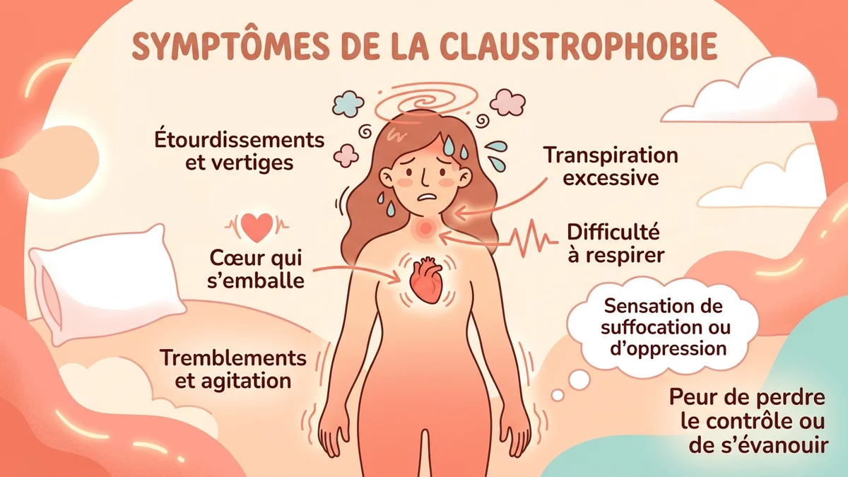 Infographie du mécanisme neurologique de la claustrophobie : schéma visuel montrant l'amygdale hyperactive, la réponse fight-or-flight et le circuit de la peur activé dans un espace confiné