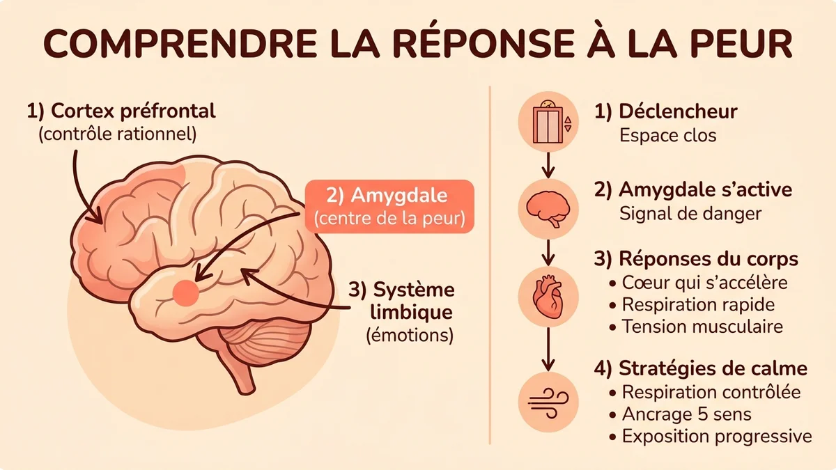 Infographie des trois origines principales de la claustrophobie : traumatisme fondateur, facteurs neurobiologiques et apprentissage social, avec pourcentages et icones explicatives