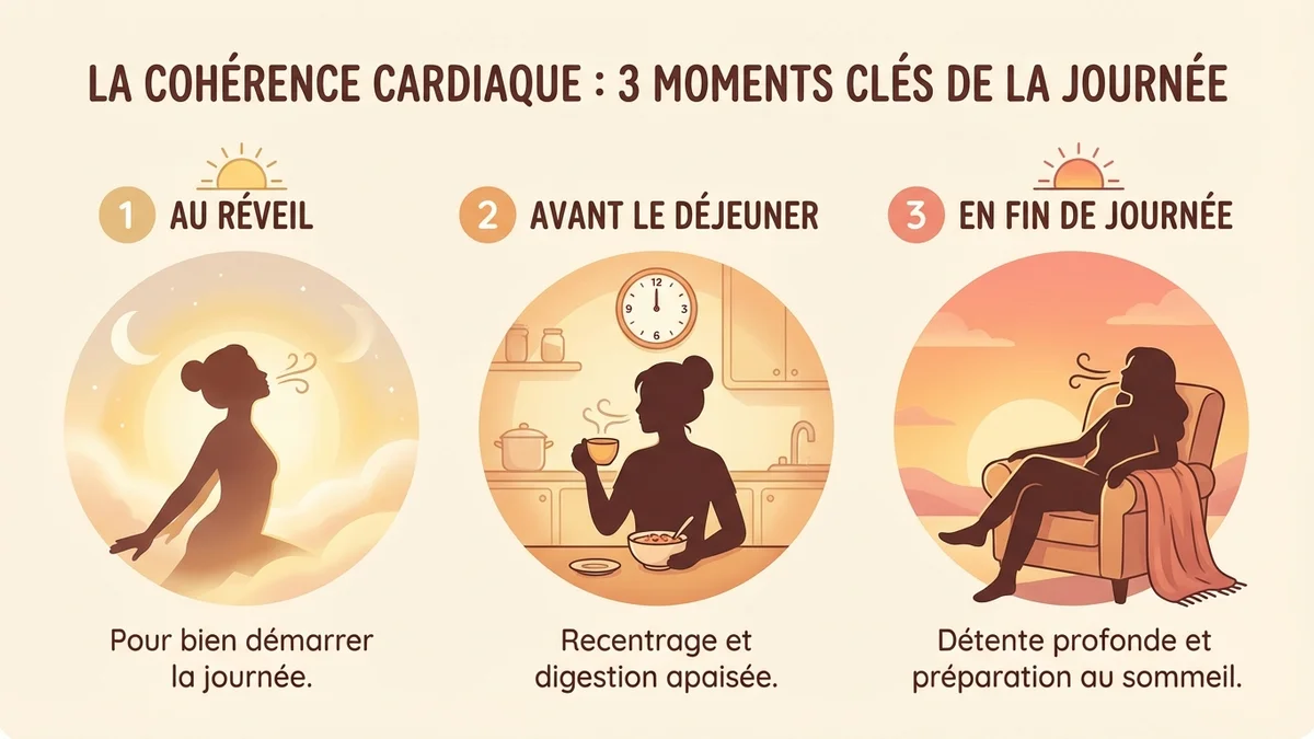 Infographie étape par étape montrant le processus de cohérence cardiaque en trois situations : au réveil avec un soleil levant, au bureau avec une horloge, et au lit avec une lune, chaque étape illustrant la posture et le rythme respiratoire