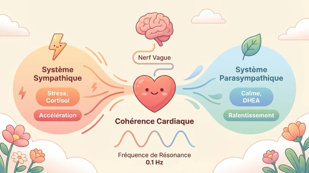 Infographie du système nerveux autonome : le sympathique (stress, cortisol, accélération) et le parasympathique (calme, DHEA, ralentissement) reliés par le nerf vague entre le cerveau et le cœur, avec la fréquence de résonance à 0.1 Hz