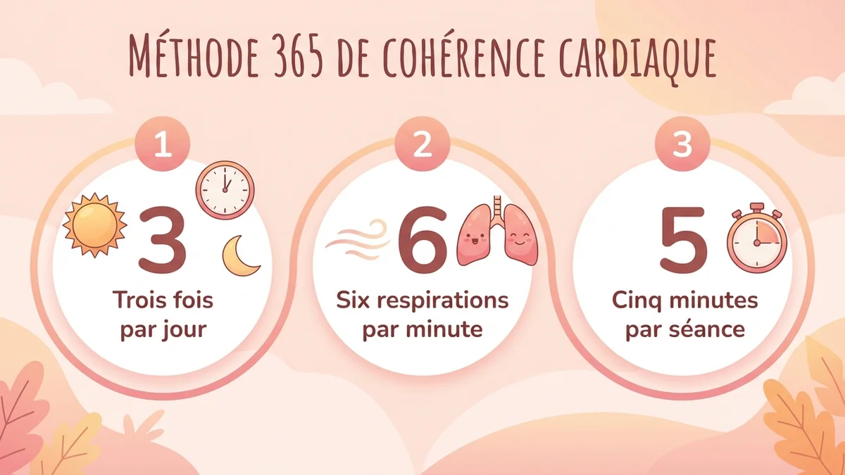 Infographie de la méthode 3-6-5 : trois cercles illustrant les chiffres clés — 3 fois par jour, 6 respirations par minute, 5 minutes par séance — avec icônes soleil, poumons et chronomètre