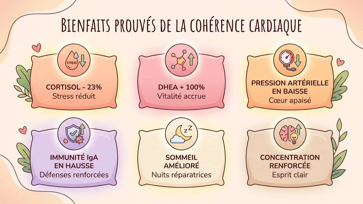 Infographie des bienfaits prouvés de la cohérence cardiaque : cortisol moins 23 pour cent, DHEA plus 100 pour cent, pression artérielle en baisse, immunité IgA en hausse, sommeil amélioré et concentration renforcée