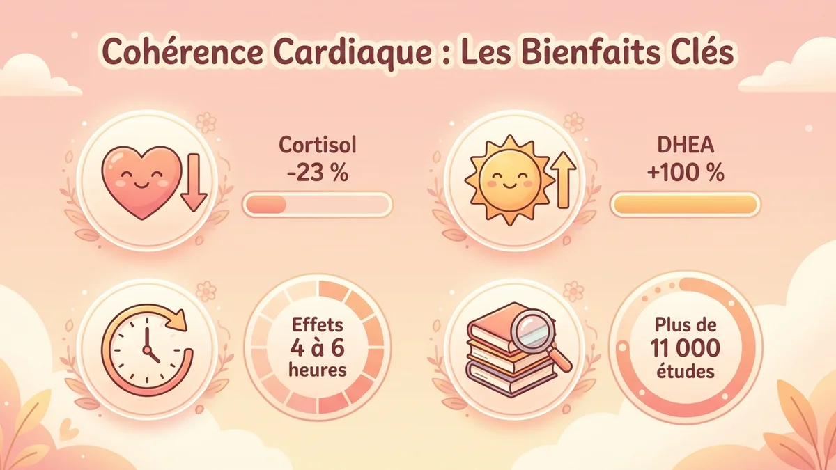 Infographie illustrant les statistiques clés de la cohérence cardiaque : réduction du cortisol de 23 pour cent, augmentation de la DHEA de 100 pour cent, effets durant 4 à 6 heures, et plus de 11 000 études scientifiques
