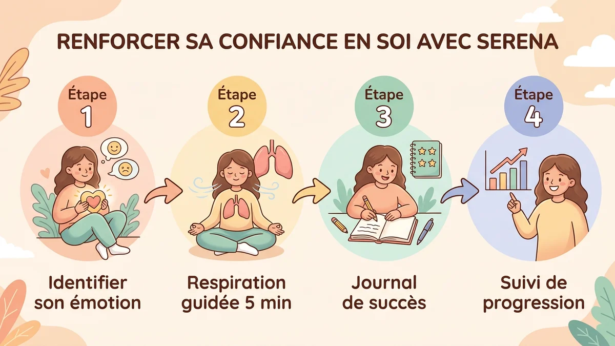 Schéma du processus étape par étape pour renforcer sa confiance en soi avec Serena : identification des émotions, respiration guidée, suivi de progression