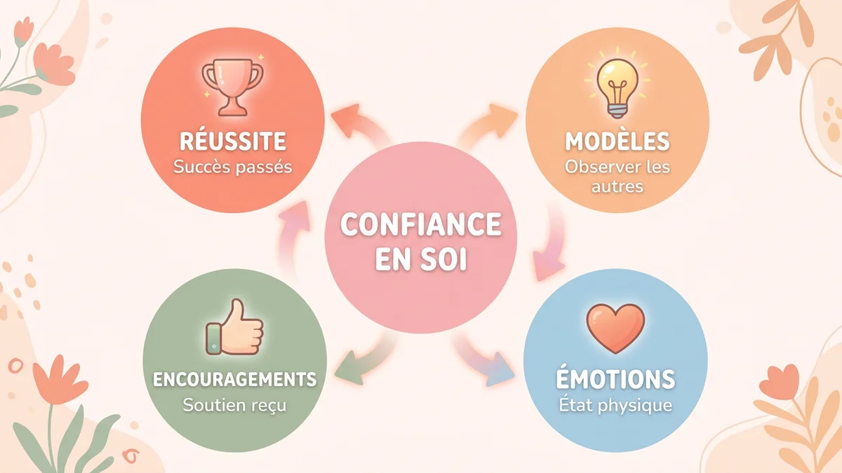 Infographie du mécanisme de la confiance en soi : les quatre piliers de l'auto-efficacité selon Albert Bandura avec icônes explicatives et flèches de connexion